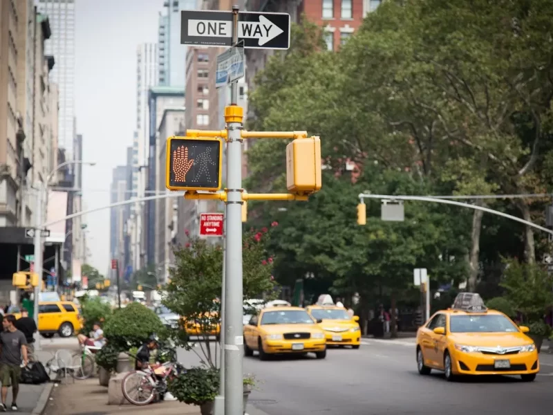 New York yellow taxis on a busy Manhattan avenue